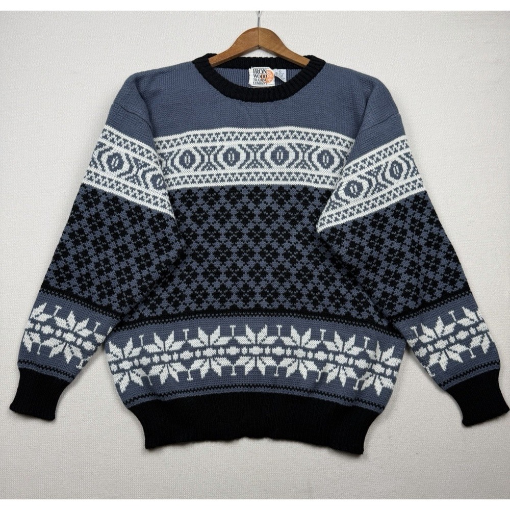 Vintage Iron Wood Trading Co Sweater Mens XL Fair Isle Crewneck Y2K Grandpa Blue